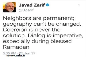 ظریف در تویتی نوشت:

همسایگان دائمی اند و نمی‌توان جغرافیا را تغییر داد
