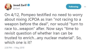 وزیر امورخارجه جمهوری اسلامی ایران در واکنش به اظهارات متناقض پامپئو:
 2