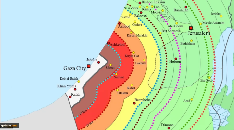 The distance between the Zionist cities and Gaza 2