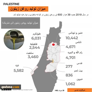 اینفوگرافی/

میزان تولید روغن زیتون در مزارع فلسطینی/ جنین و توباس موفق در تولید 10 هزار و442 تن روغن زیتون