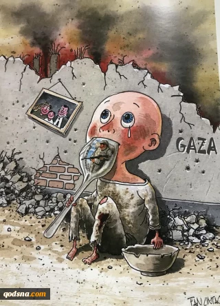 کاریکاتوری از «فان لیانتو » کاریکارتوریست چینی ارسالی برای نمایشگاه «سال صفر » در موزه فلسطین تهران سال ۱۴۰۴